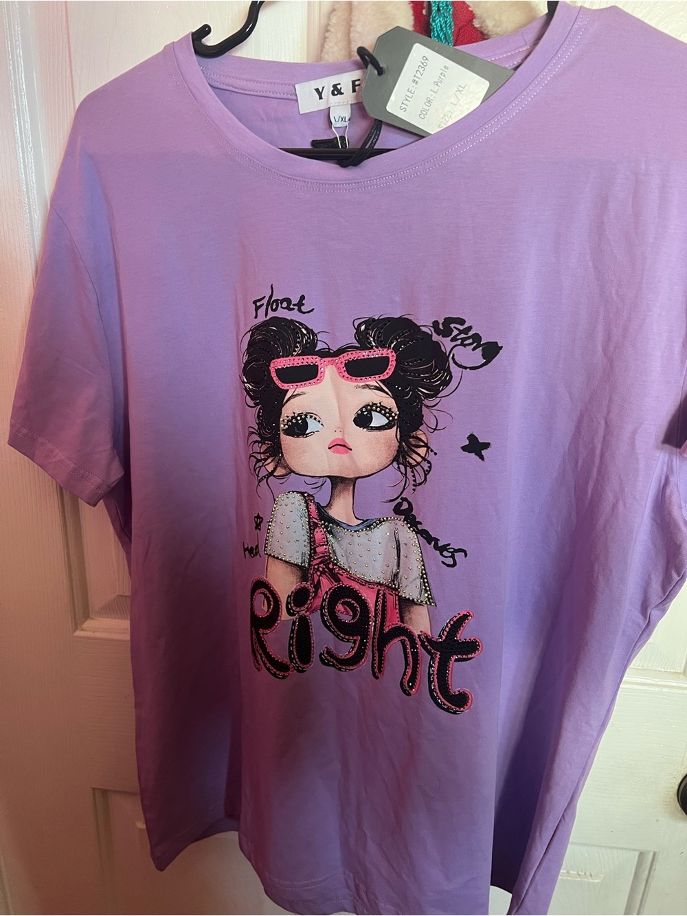 Girls' Lavender Graphic Tee with Cute Doll Print